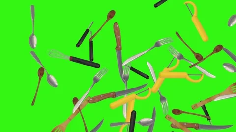 Collage of kitchen utensils falling against a vibrant green background Vidéo 337346414