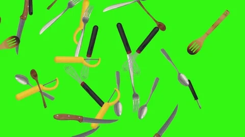 Collage of kitchen utensils falling against a vibrant green background Stockbeeldmateriaal 337346417