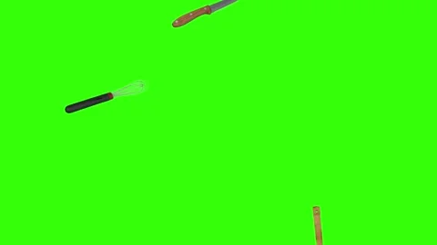 Collage of kitchen utensils falling against a vibrant green background Vidéo 337346423