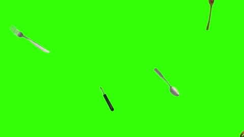 Collage of kitchen utensils falling against a vibrant green background Stockbeeldmateriaal 337346427