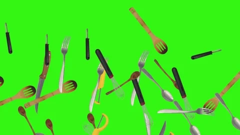 Collage of kitchen utensils falling against a vibrant green background Stock Footage 337346429