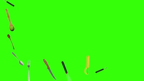 Collage of kitchen utensils falling against a vibrant green background Stockbeeldmateriaal 337346437