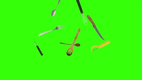 Collage of kitchen utensils falling against a vibrant green background Vidéo 337346438