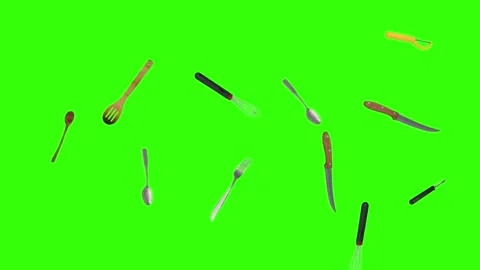 Collage of kitchen utensils falling against a vibrant green background Vidéo 337346439