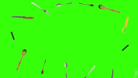 Collage of kitchen utensils falling against a vibrant green background Vidéo 337346442