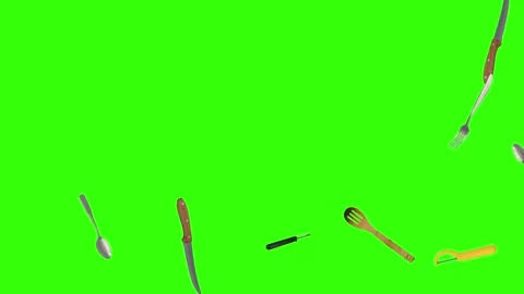 Collage of kitchen utensils falling against a vibrant green background Видео 337346443