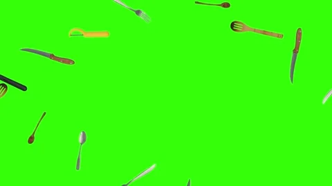 Collage of kitchen utensils falling against a vibrant green background Видео 337346444