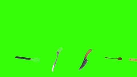 Collage of kitchen utensils falling against a vibrant green background Stock Footage 338318516