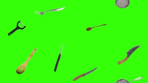 Collage of kitchen utensils falling against a vibrant green background Stock Footage 338318521