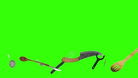 Collage of kitchen utensils falling against a vibrant green background Stock Footage 338318524
