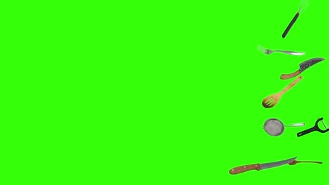Collage of kitchen utensils falling against a vibrant green background Stock Footage 338318525