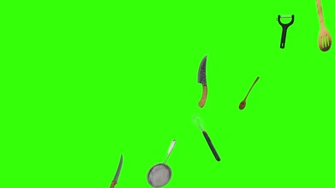 Collage of kitchen utensils falling against a vibrant green background Stock Footage 338318527