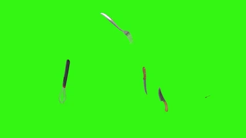 Collage of kitchen utensils falling against a vibrant green background Stock Footage 338318528