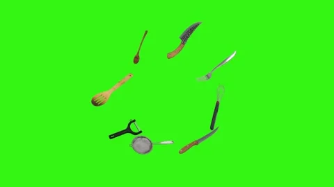 Collage of kitchen utensils falling against a vibrant green background Stock Footage 338318529
