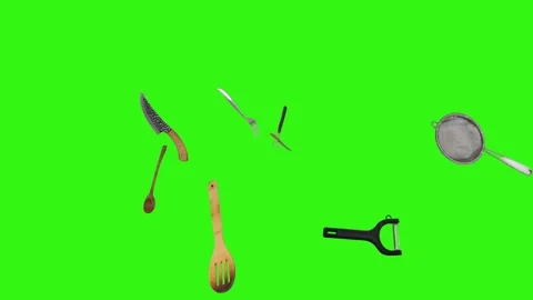 Collage of kitchen utensils falling against a vibrant green background Stock Footage 338318542