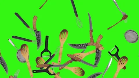 Collage of kitchen utensils falling against a vibrant green background Stock Footage 338318549
