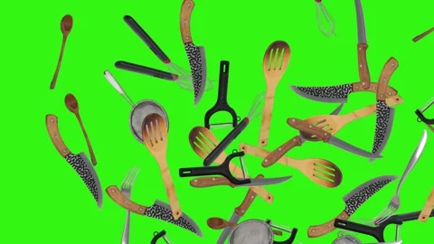 Collage of kitchen utensils falling against a vibrant green background Stock Footage 338318551