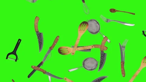 Collage of kitchen utensils falling against a vibrant green background Stock Footage 338318552