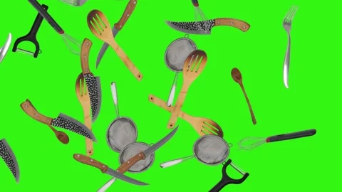 Collage of kitchen utensils falling against a vibrant green background Stock Footage 338318560