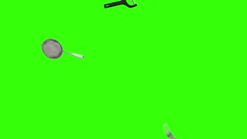 Collage of kitchen utensils falling against a vibrant green background Stock Footage 338318567