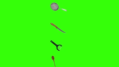 Collage of kitchen utensils falling against a vibrant green background Stock Footage 338318569