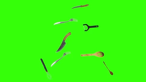 Collage of kitchen utensils falling against a vibrant green background Stock Footage 338318571