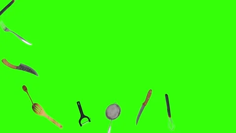 Collage of kitchen utensils falling against a vibrant green background Stock Footage 338318572