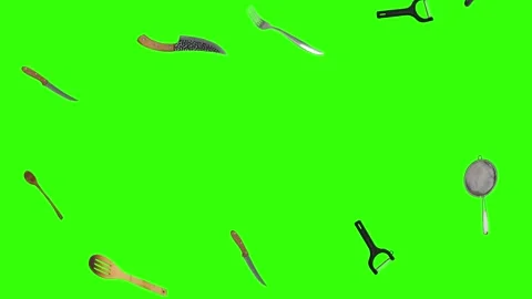 Collage of kitchen utensils falling against a vibrant green background Stock Footage 338318575