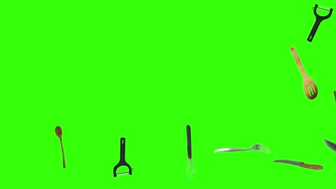 Collage of kitchen utensils falling against a vibrant green background Stock Footage 338318578