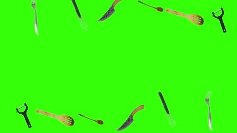 Collage of kitchen utensils falling against a vibrant green background Stock Footage 338318583