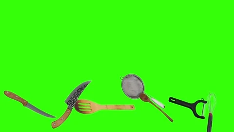 Collage of kitchen utensils falling against a vibrant green background Stock Footage 338318584