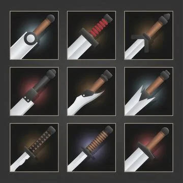 Collage of knives with different handles and blades Stock Illustration