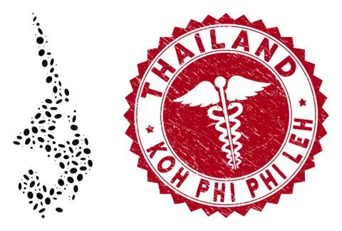 Collage Koh Phi Leh Map with Scratched Healthcare Stamp Stock Illustration