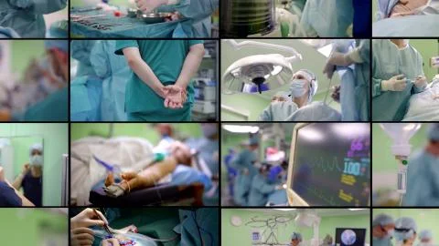 Collage lab, surgery, operating room specialist surgeon medical equipment Fotos de archivo