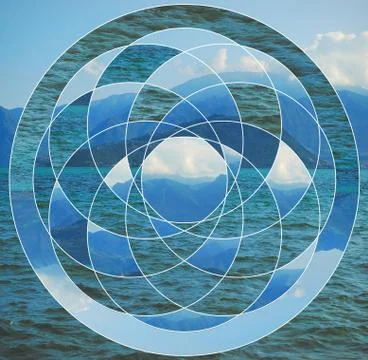 Collage with the lake and mountains and the sacred geometry symbol. Stock Photos