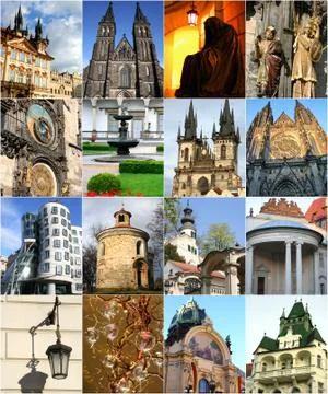 Collage of landmarks in prague Stock Photos