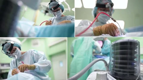 Collage. Laparoscopic instruments in action during abdominal surgery. A team of Видео 172465465