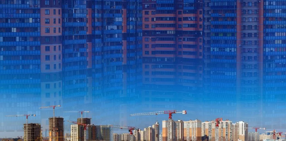 Collage of large construction site including several cranes working on a Stock Photos
