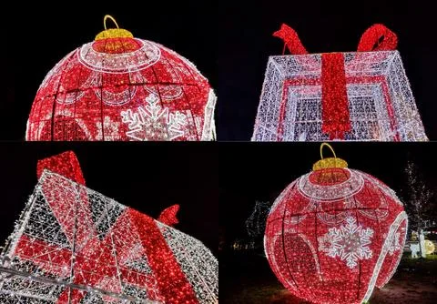 Collage with a large gift box made of lights and a large globe made of ligh.. 库存照片