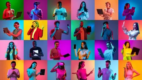 Collage of large group of ethnically diverse people, men and women using Stock Photos
