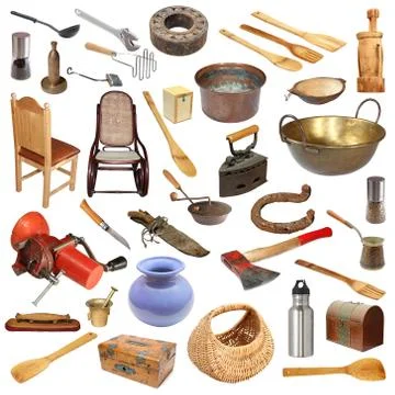 Collage with large number of vintage objects isolated on white background, re Stock Photos