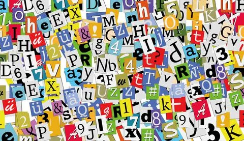 Collage of letters, random text and colorful alphabet letterpaper cut Stock Illustration