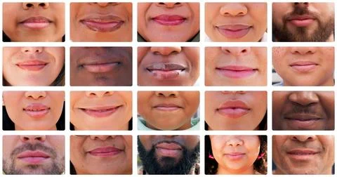 Collage, lips and difference with humanity in diversity for community, inclusion Stock Photos