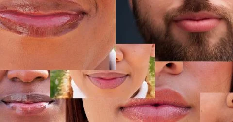 Collage, lips and difference with people in diversity for community, inclusion Stock Photos