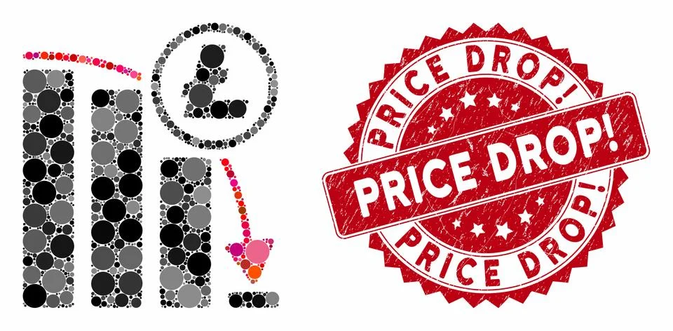 Collage Litecoin Panic Falling Chart with Textured Price Drop! Seal Stock Illustration