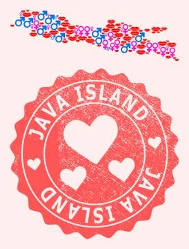 Collage of Love Smile Map of Java Island and Grunge Heart Stamp Stock-Illustration