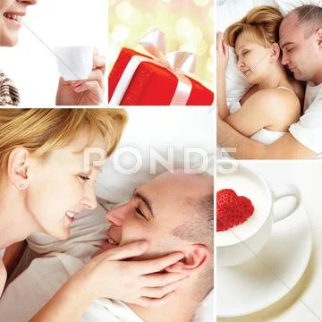 Collage of loving couple with love symbols Stock Photos