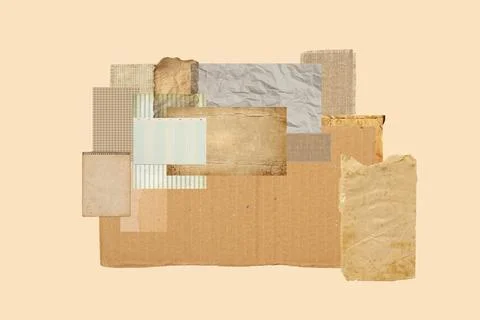 Collage made with different pieces of paper and a dry leaves Stock Photos