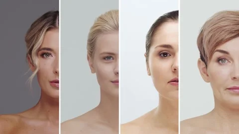 Collage made of four different female faces. Portraits of beautiful women. Stock Footage 138087605