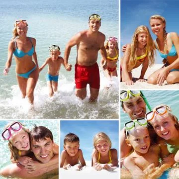 Collage made of images of a family swimming and sunbathing Stock Photos